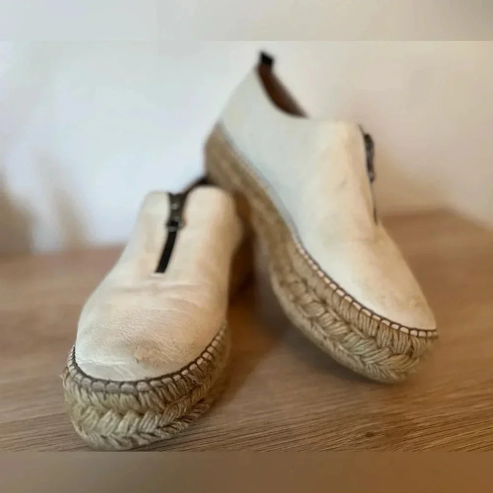 Eric Michael Beige Leather Zip Espadrille Platform Flat